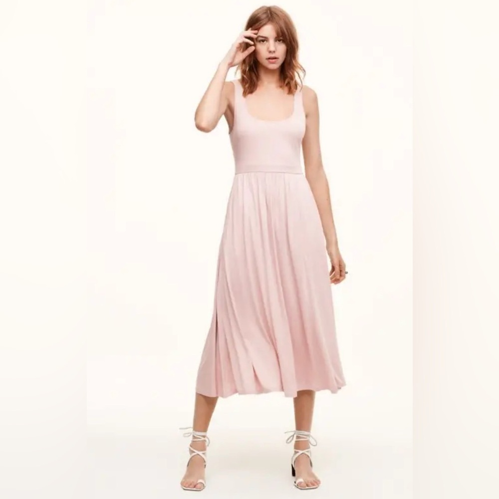 WILFRED Sz L Assonance Midi Dress Deep Round Neckline Gathered Skirt NEW